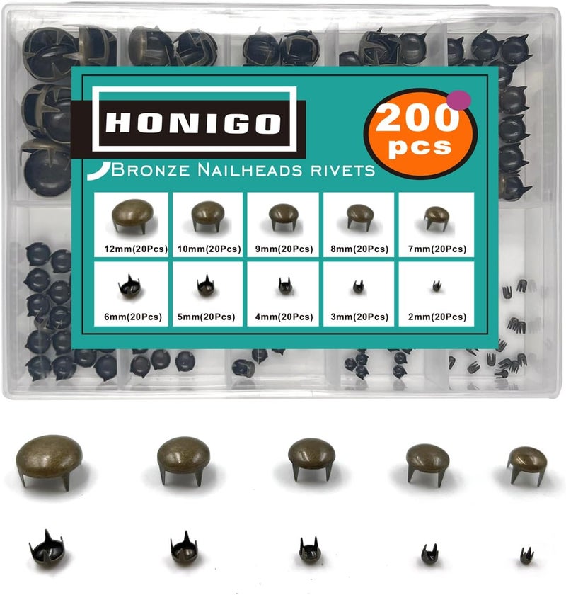 honigo 200pcs Nailheads Dome Studs Rivets Bronze Metal Solid Brass 2/3/4/5/6/7/8/9/10/12mm 4 Prongs Spikes Spots for Leather Craft Clothes Belt Bag Shoes Decorations Totes DIY Craft - Image 1